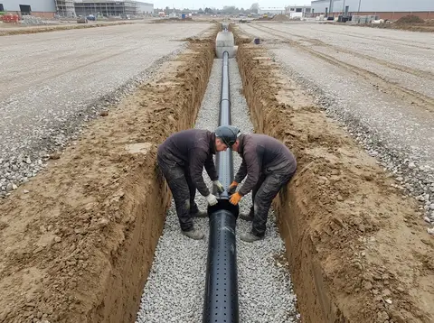 A long open excavated trench across a large flat commercial site cut to line with clean vertical walls through dense brown silt loam, washed stone bedding along the bottom, gravel hardstanding either side, two workers in plain unmarked work clothing and hard hats setting large-diameter perforated pipe into the bed.