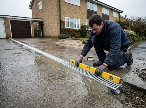 A linear channel drain with a steel grate being set across a residential concrete driveway apron beside an early-1990s split-level house in fawn brick, wet concrete, water tracking toward the grate, a worker in plain unmarked work clothing kneeling and levelling the channel with a spirit level.