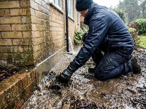 Rainwater pooling hard against the base of a house foundation wall during heavy rain beside an early-1990s split-level house in fawn brick, saturated ground, a worker in a plain unmarked waterproof jacket crouched at the wall line clearing a blocked gully with a gloved hand, water running along the wall.