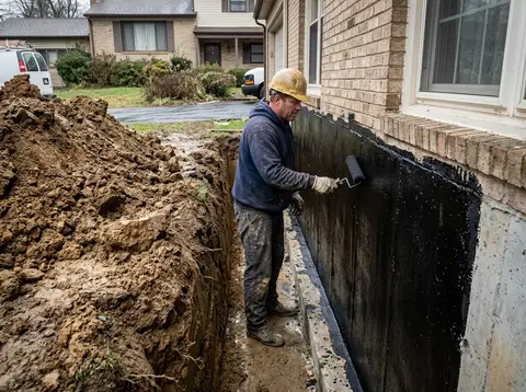 An excavated trench running along the outside of a poured concrete foundation wall down to the footing beside an early-1990s split-level house in fawn brick, the wall face coated dark with waterproofing membrane, mid-brown silty loam, dense and slow, holding the shape of the cut heaped on the far side of the cut, a worker in plain unmarked work clothing standing in the trench smoothing the membrane with a roller.