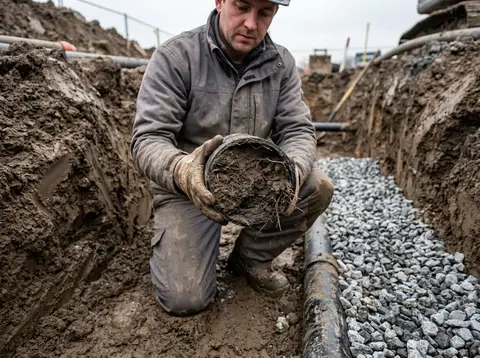 A worker in plain unmarked work clothing kneeling on bare wet dense brown silt loam holding up a cut section of old black perforated drain pipe packed solid with fine silt and root fibre, clean washed stone in the open trench beside him for contrast.