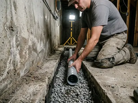 A bare unfinished basement interior with a narrow channel broken out of the concrete floor along the base of a poured foundation wall, washed angular stone in the channel, and a worker in a plain unmarked work shirt and knee pads kneeling in the channel bedding perforated pipe with both hands, work light on a stand behind.