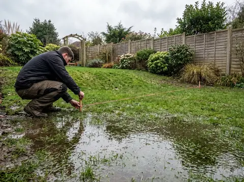 A back garden on a slight slope with established shrubs and a cedar fence with a wide sheet of standing water across a low corner of the lawn, and a worker in plain unmarked work clothing crouched at the edge of the water setting a line with a string and pegs across the wet grass.
