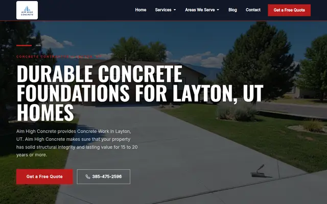 Screenshot of the Aim High Concrete homepage as it appeared on 2026-08-30, captured at desktop width.