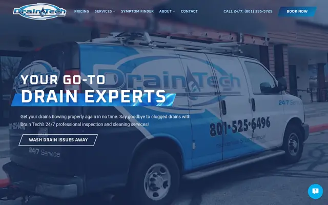 Screenshot of the Drain Tech Plumbing homepage as it appeared on 2026-08-30, captured at desktop width.