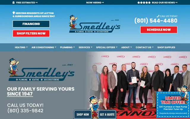 Screenshot of the Smedley Service homepage as it appeared on 2026-08-30, captured at desktop width.