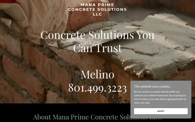 Screenshot of the Mana Prime Concrete Solutions LLC homepage as it appeared on 2026-08-30, captured at desktop width.