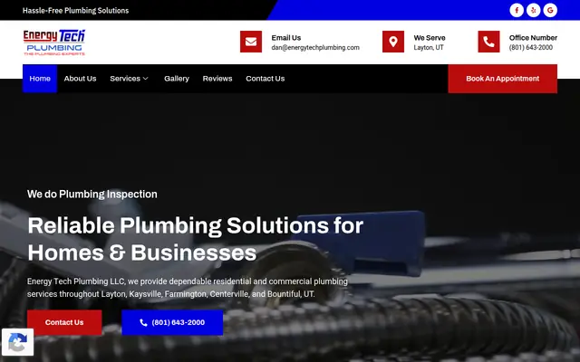 Screenshot of the Energy Tech Plumbing, LLC homepage as it appeared on 2026-08-30, captured at desktop width.