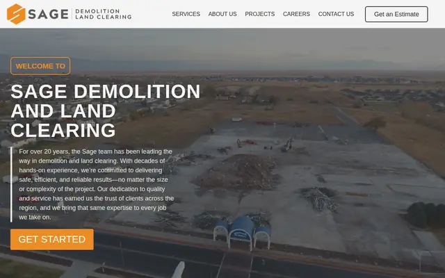 Screenshot of the Sage Demolition & Land Clearing homepage as it appeared on 2026-08-30, captured at desktop width.