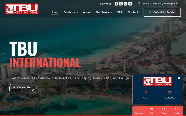 Screenshot of the TBU International, LLC homepage as it appeared on 2026-08-30, captured at desktop width.