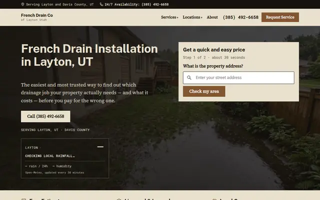Screenshot of the Layton Utah French Drain homepage: the headline, a short form asking for a property address, and a panel reading the current local rainfall.
