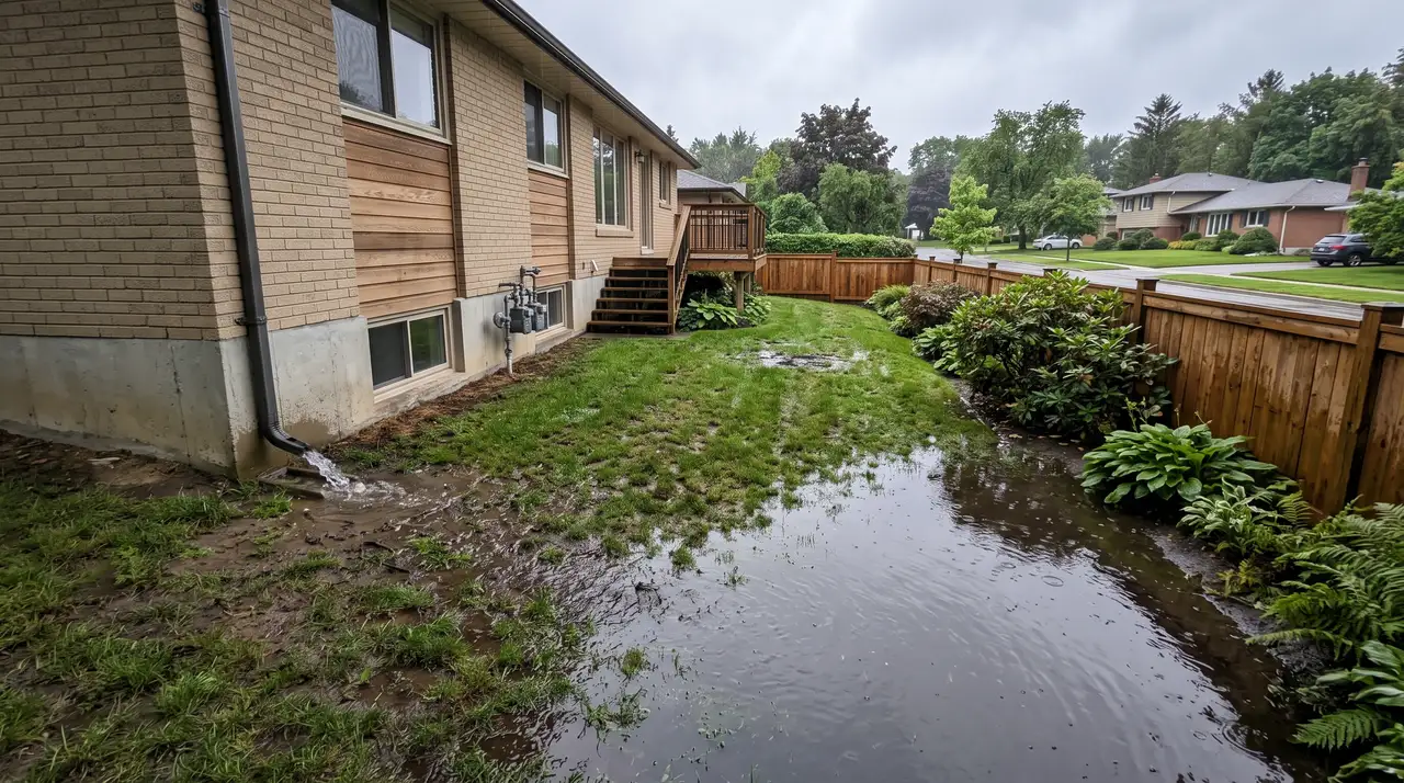 A suburban back garden the morning after heavy rain, with a wide sheet of standing water lying across a low corner of the lawn and a downspout discharging onto saturated ground close to the house.