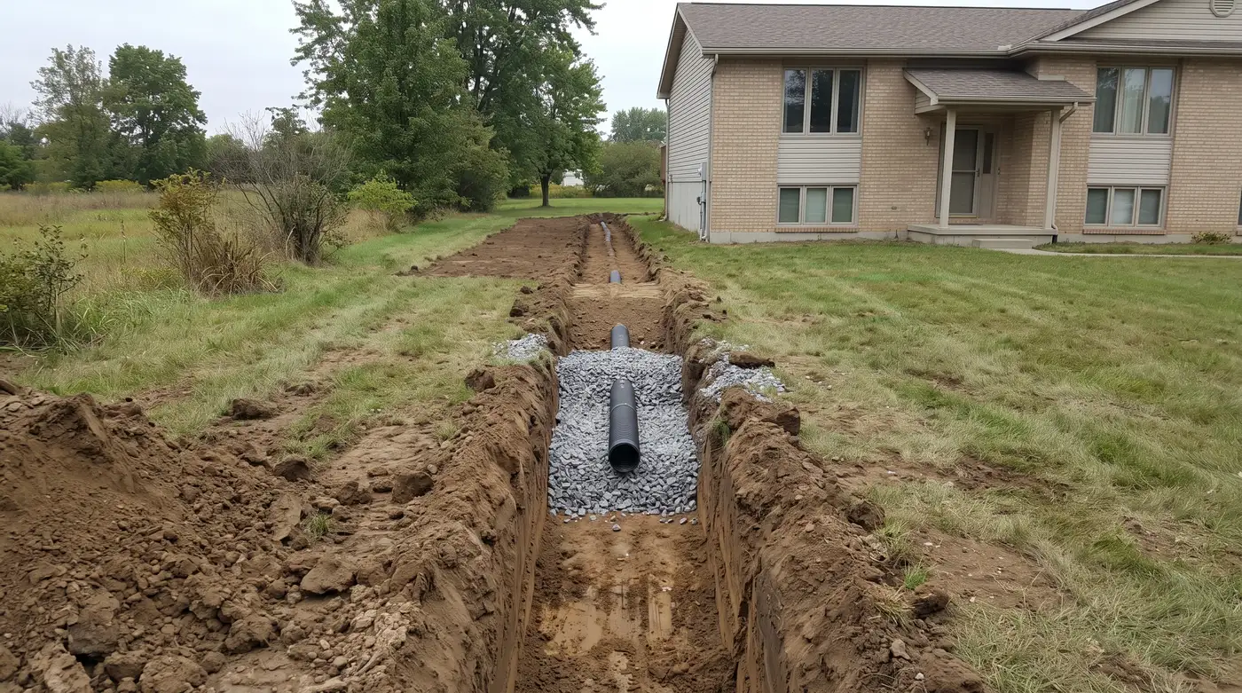 Four photographs of the same trench in sequence: open cut, stone bed, perforated pipe laid in the stone, then stone filled level to the surface.